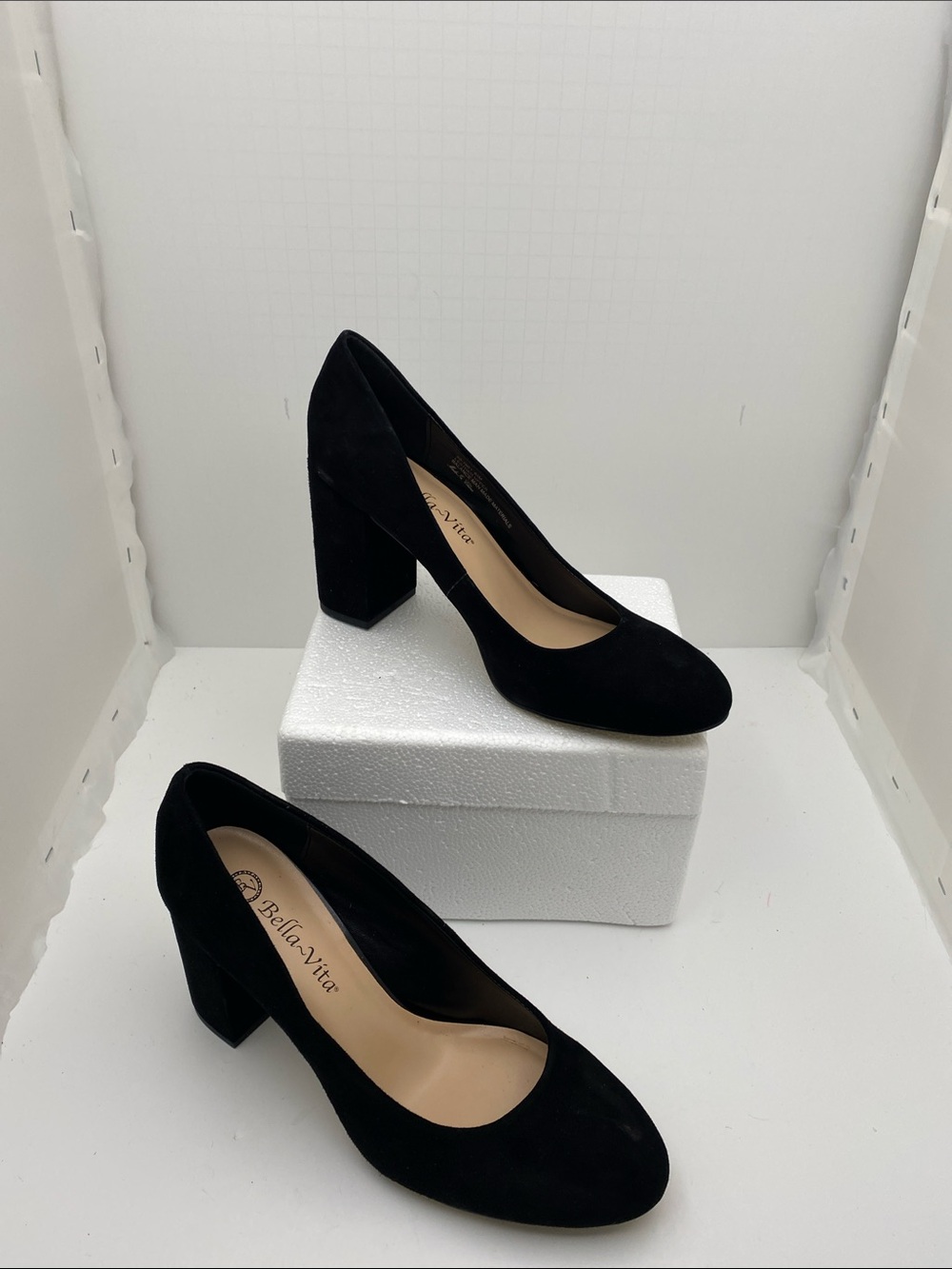 Bella Vita Black Suede Round-Toe Block Heel Pumps